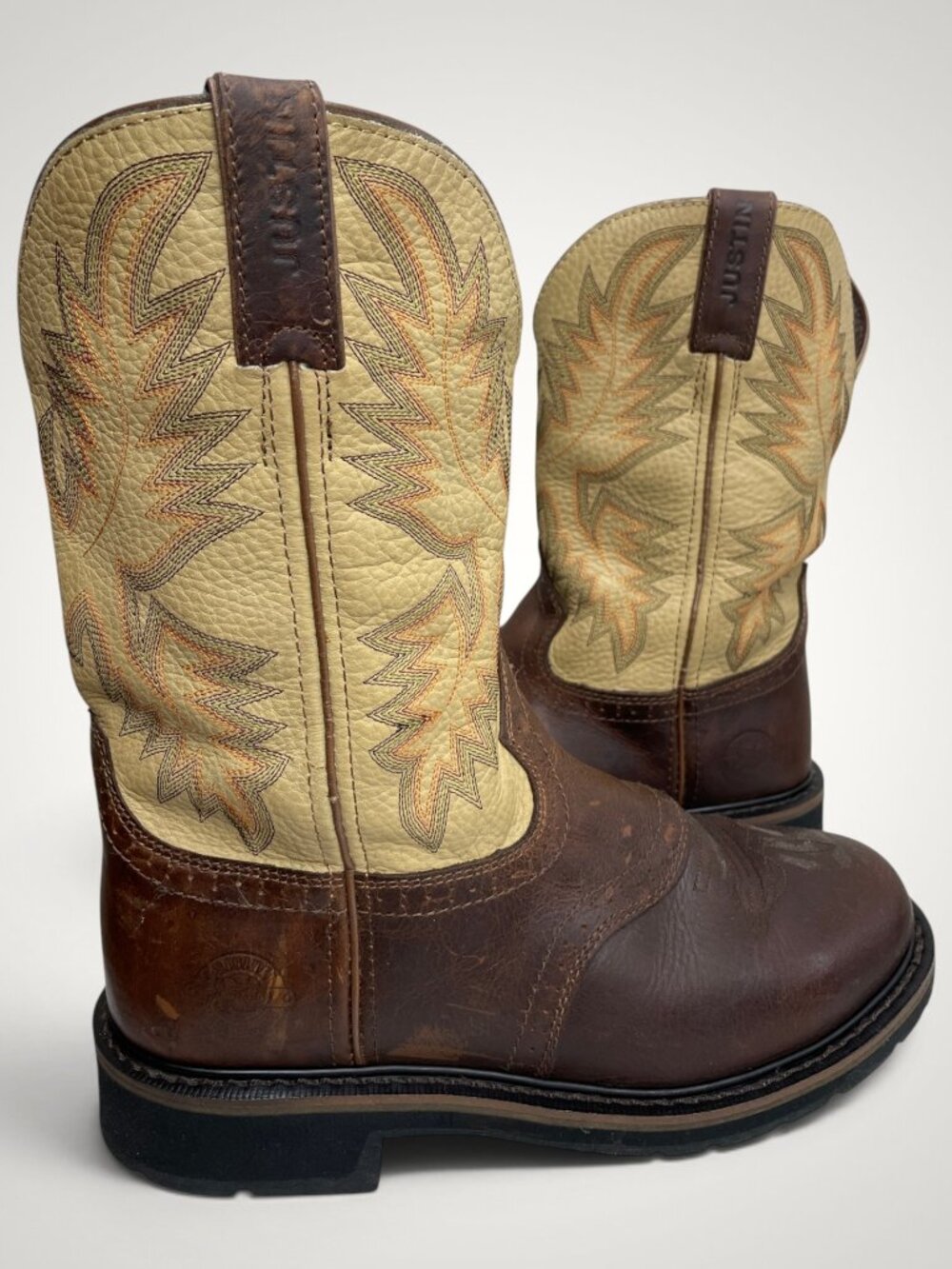Justin Stampede WK4660 Ivory Brown Western Cowboy Leather Work Boots 9 D Men’s